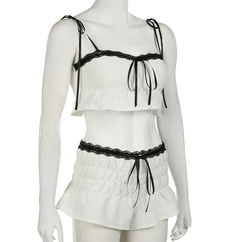 White Lace Contrast Ruched Graceful Crop Top And Shorts Set