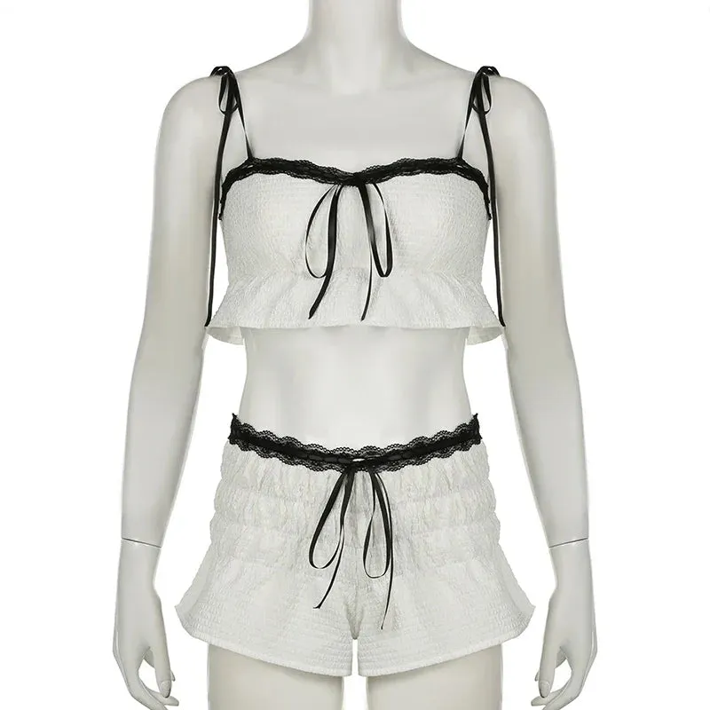 White Lace Contrast Ruched Graceful Crop Top And Shorts Set