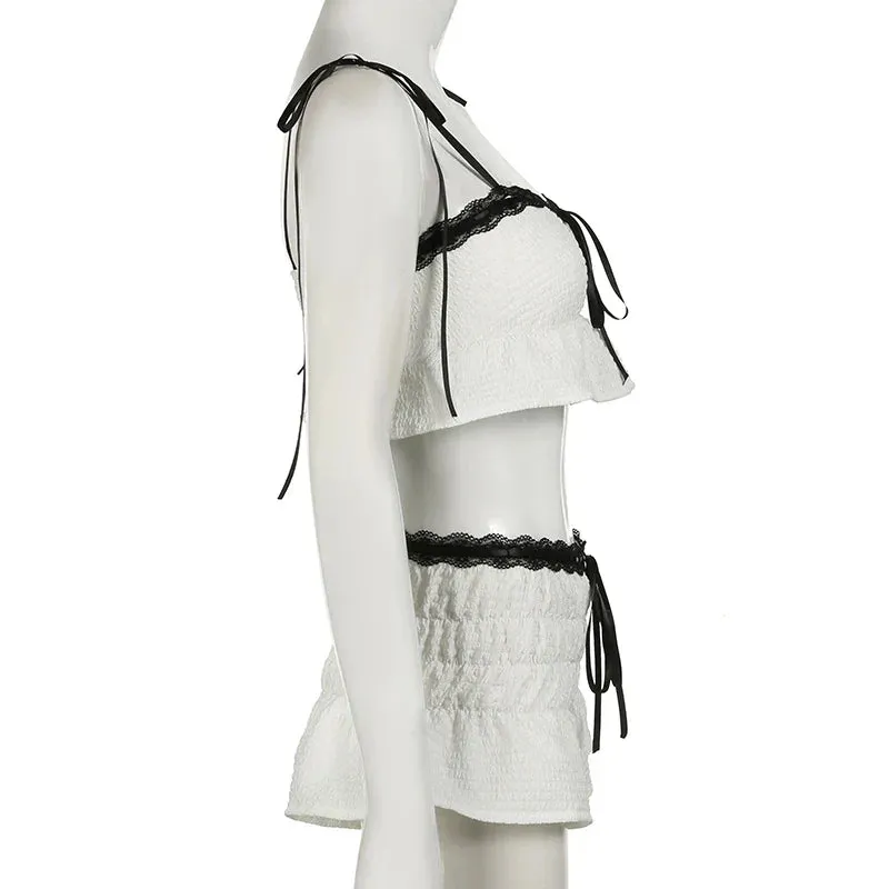 White Lace Contrast Ruched Graceful Crop Top And Shorts Set
