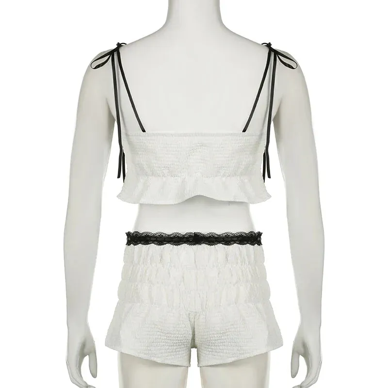 White Lace Contrast Ruched Graceful Crop Top And Shorts Set