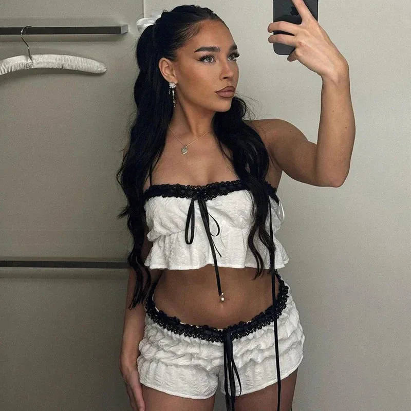 White Lace Contrast Ruched Graceful Crop Top And Shorts Set