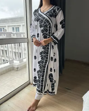 White Soft Lucknow Chikankari Rayon A-Line Angarkha with Mul Mul Pants