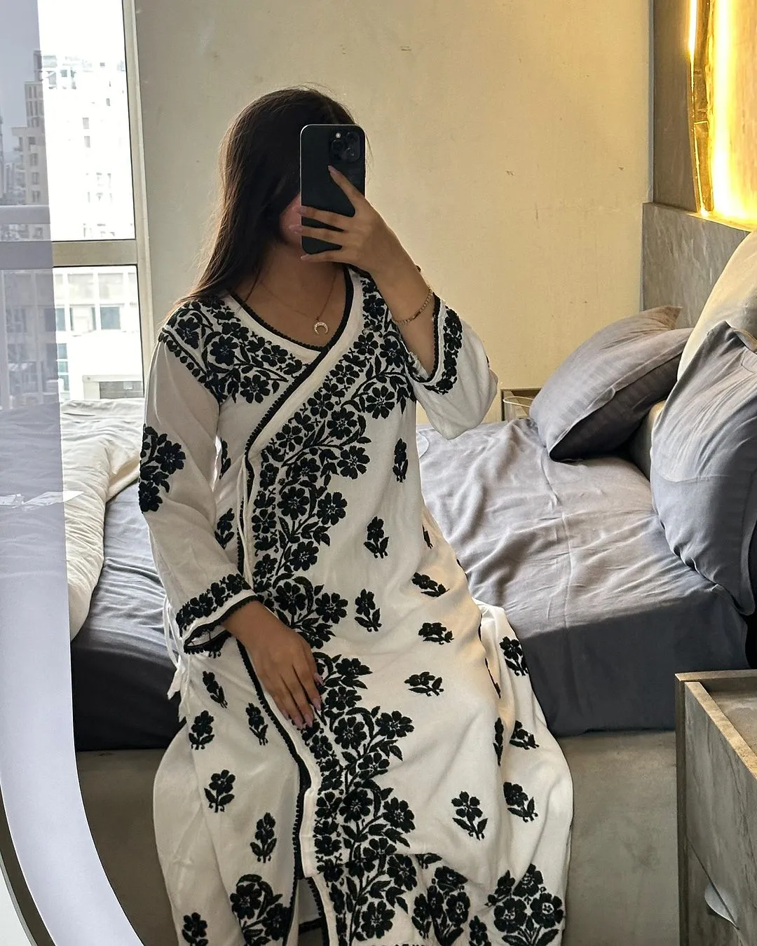 White Soft Lucknow Chikankari Rayon A-Line Angarkha with Mul Mul Pants