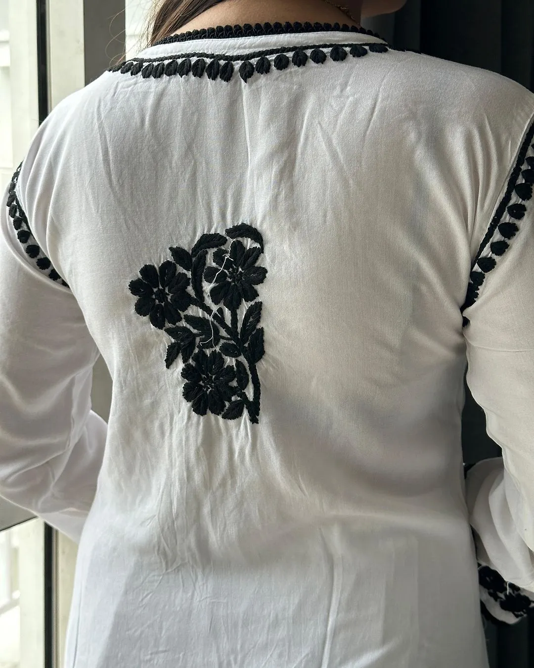 White Soft Lucknow Chikankari Rayon A-Line Angarkha with Mul Mul Pants