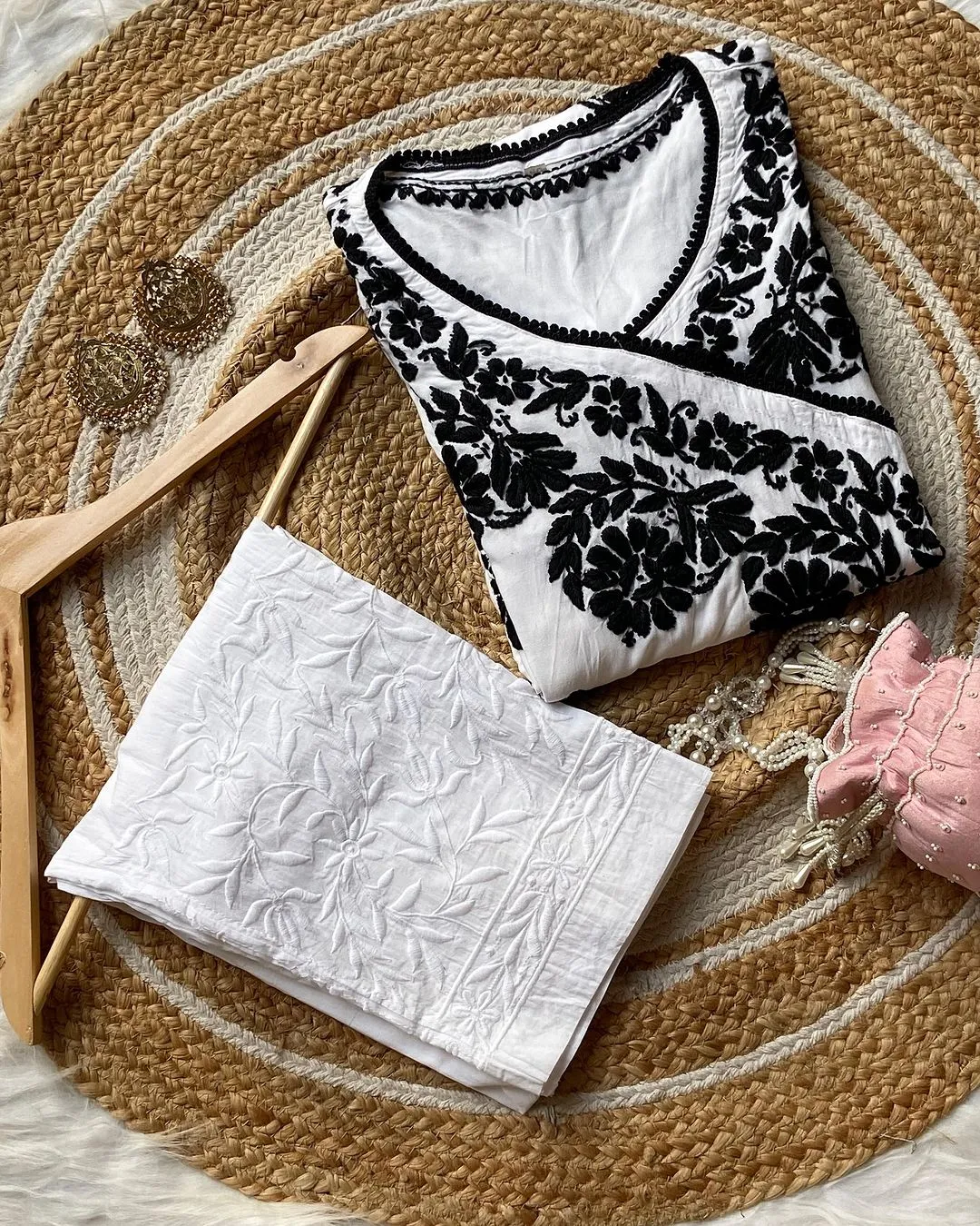 White Soft Lucknow Chikankari Rayon A-Line Angarkha with Mul Mul Pants