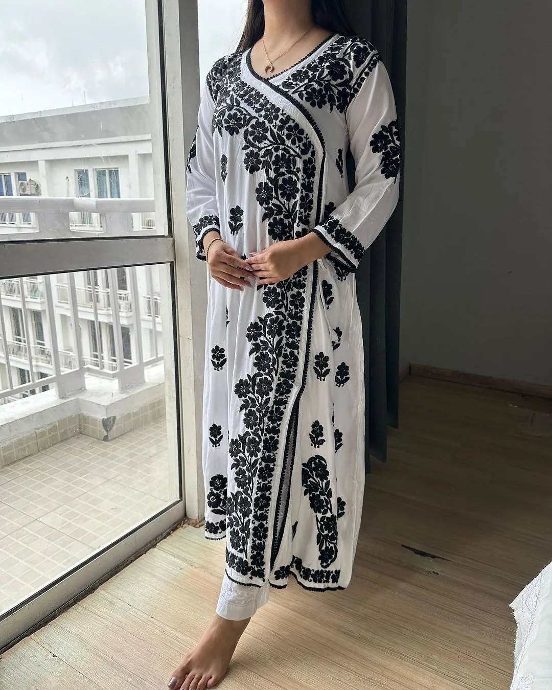 White Soft Lucknow Chikankari Rayon A-Line Angarkha with Mul Mul Pants