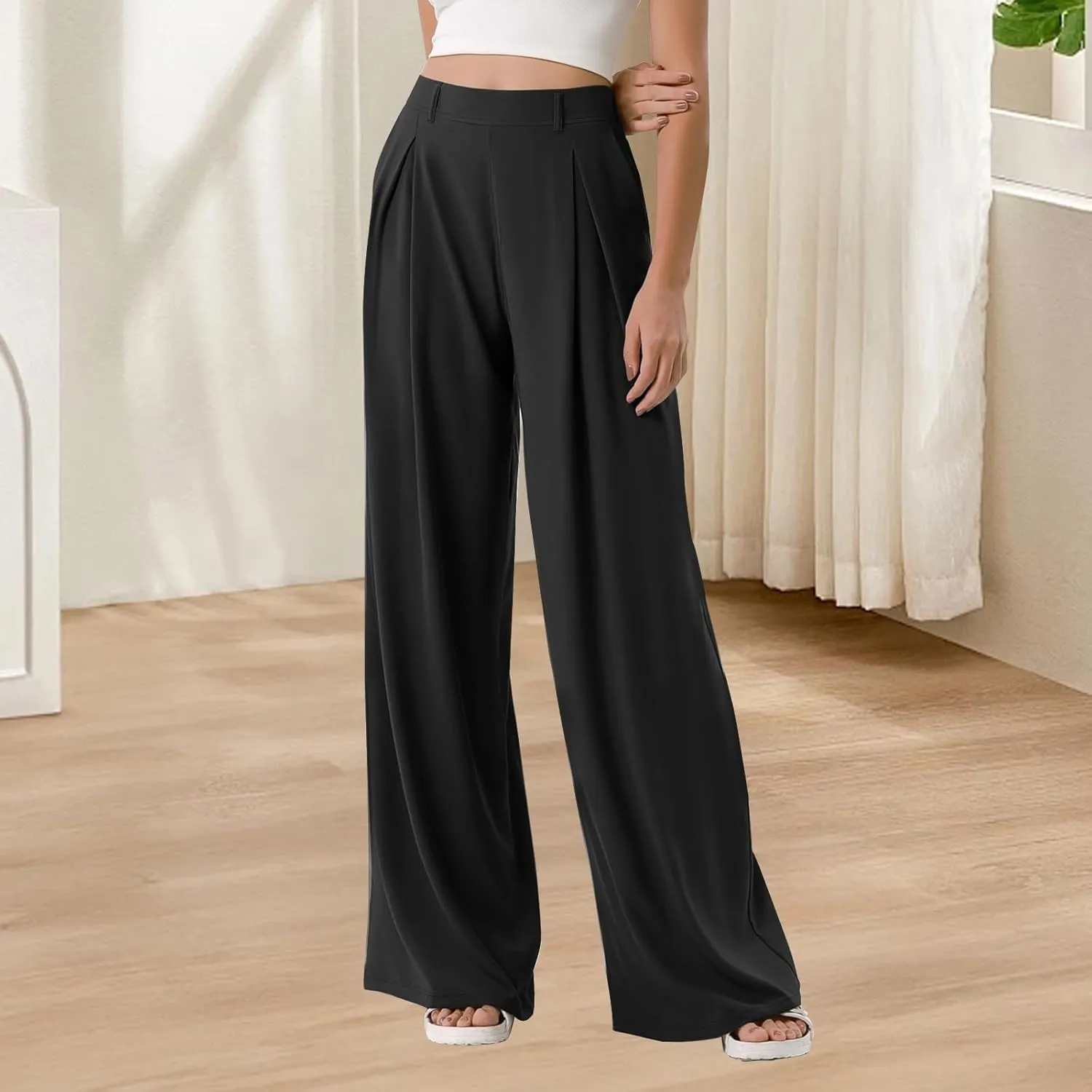 Wide Leg Work Pants Women Plus Size Elastic High Waisted Dress Pants Business Casual Loose Pull On Dress Pants