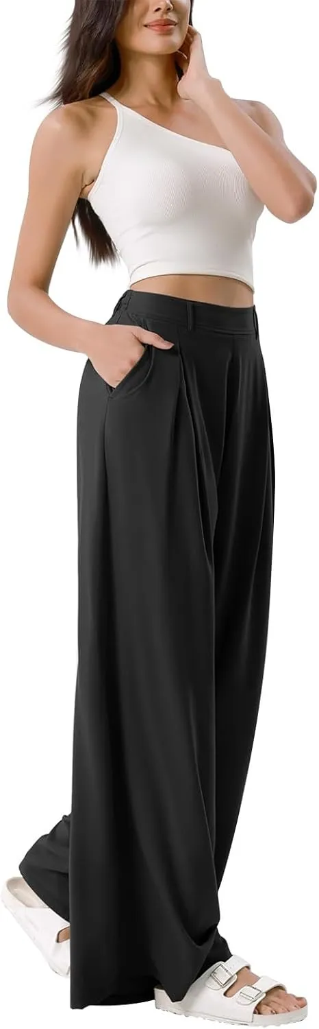 Wide Leg Work Pants Women Plus Size Elastic High Waisted Dress Pants Business Casual Loose Pull On Dress Pants