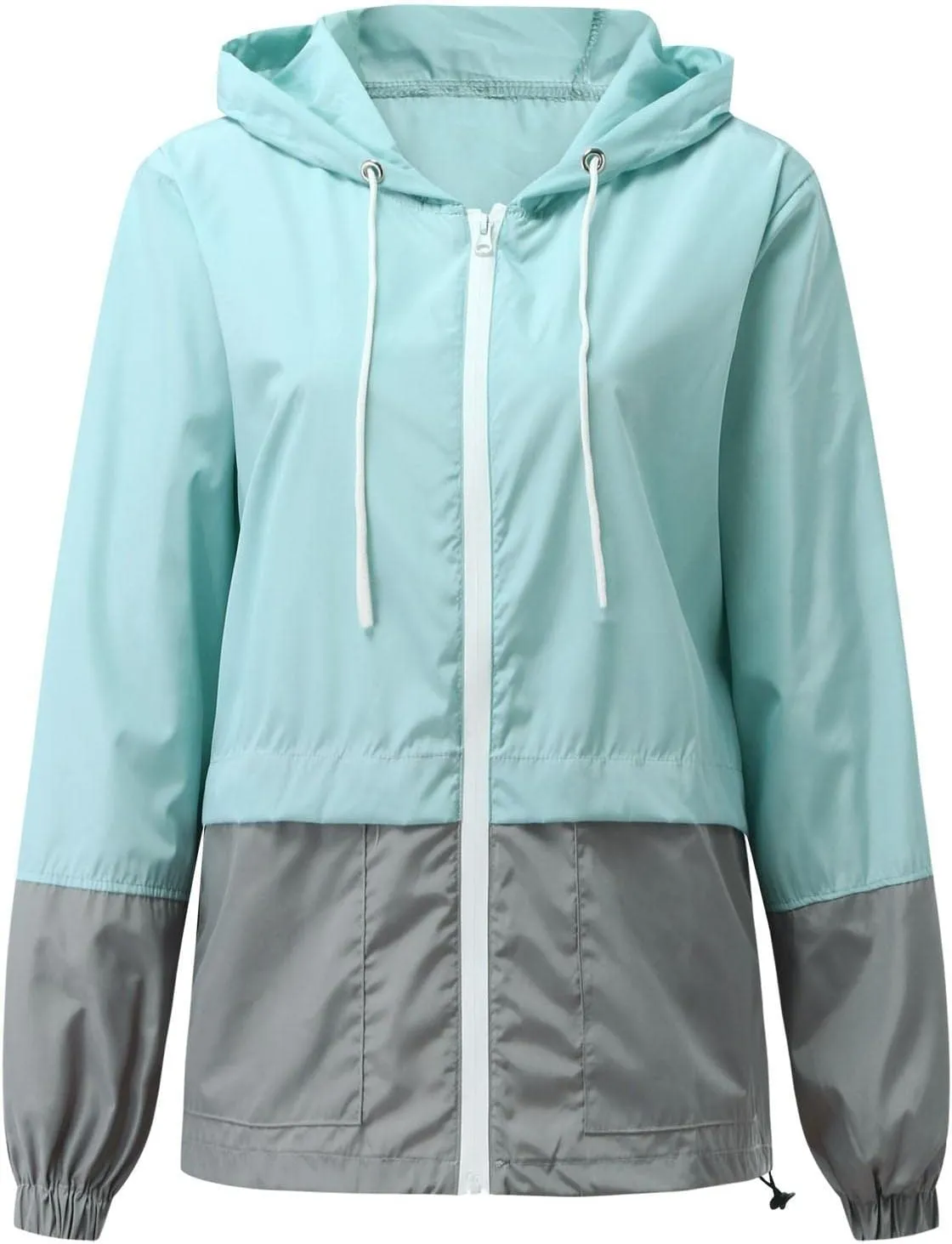 Windproof Jacket for Women Long Sleeve Raincoat Full Zip Up Hooded Plain Windbreaker with Pocket with Hood Zipper Drawstring