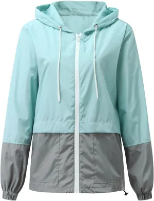 Windproof Jacket for Women Long Sleeve Raincoat Full Zip Up Hooded Plain Windbreaker with Pocket with Hood Zipper Drawstring