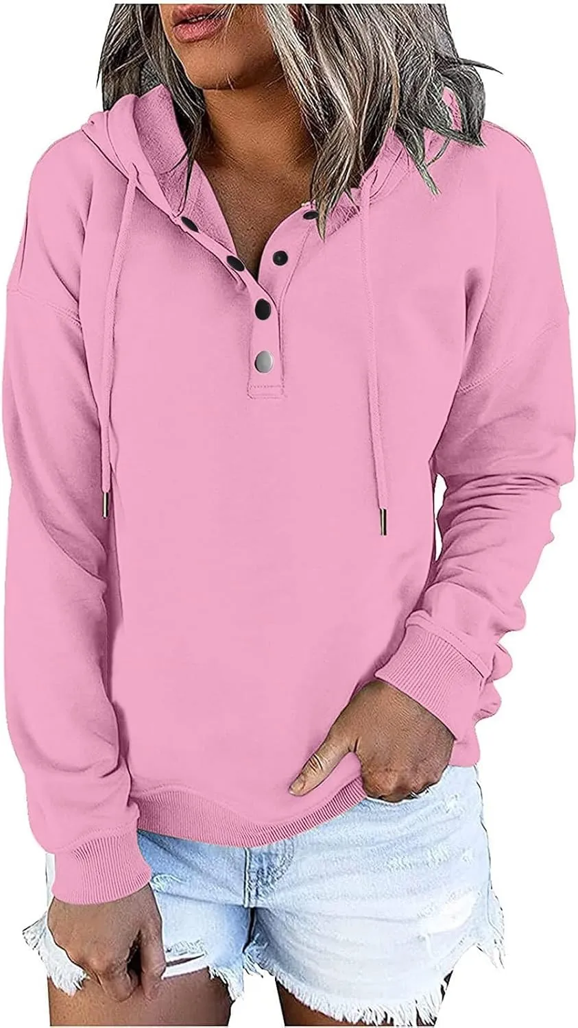 winter clothes Womens Button Down Sweatshirt Drawstring Long Sleeve Hoodies Tops Casual Fall Winter Clothes Trendy Outfits Pink my the orders M