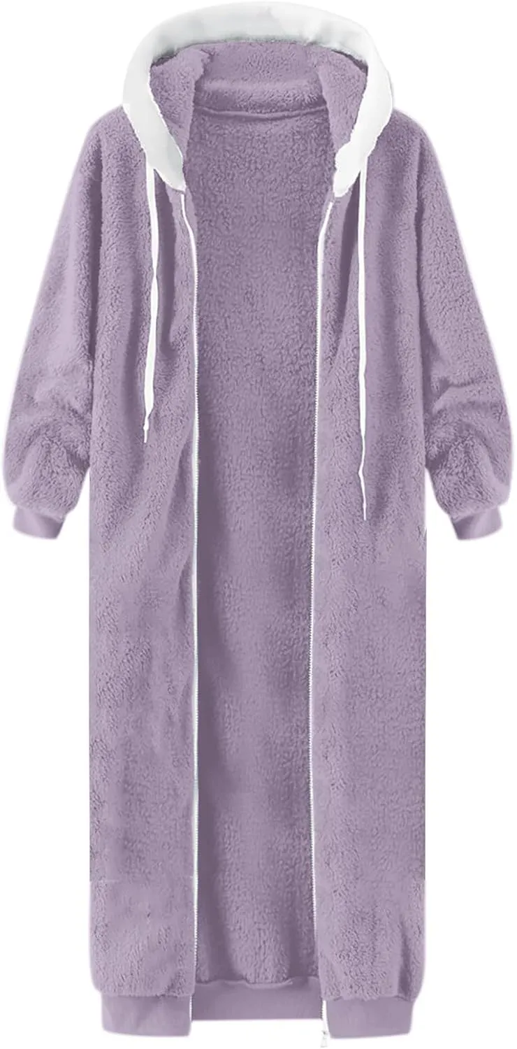 Winter Coats For Women,Women'S Solid Fleece Long Hooded Jacket Fuzzy Zipper Sherpa Outerwear Fall Clothes