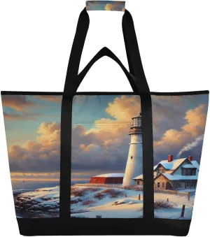 Winter Lighthouse Coast Tote Bag for Women with Zipper Reusable Grocery Bags Foldable Insulated Cooler Bag Totes Handbags Shopping Bags for Groceries Travel Beach Picnic Work