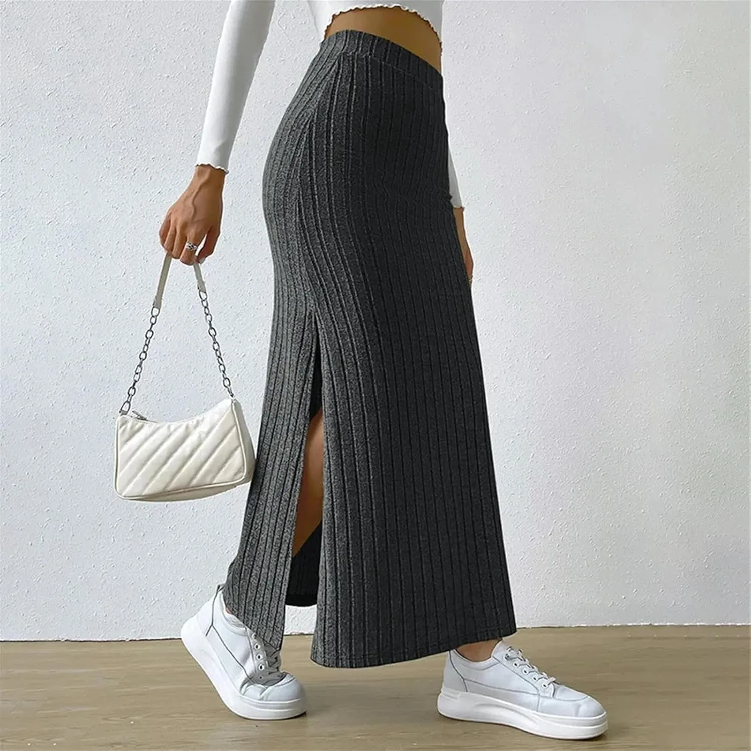 Winter Long Skirts Knitted High Waist Skirt Long Causal Bodycon Split Long Skirt for Women A Line Womens Long Skirts