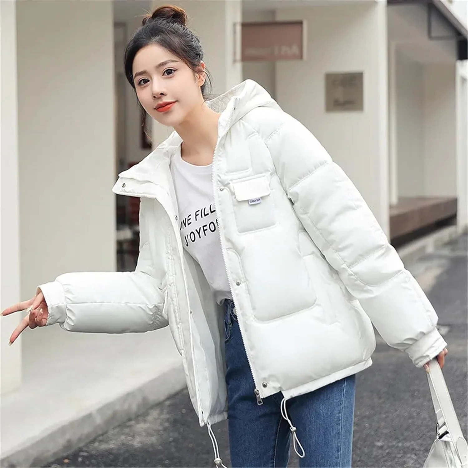 Winter Loose Hooded Coat Cotton Padded Jackets Thicken Warm Parka Women Casual Big Pocket Solid Color Outwear