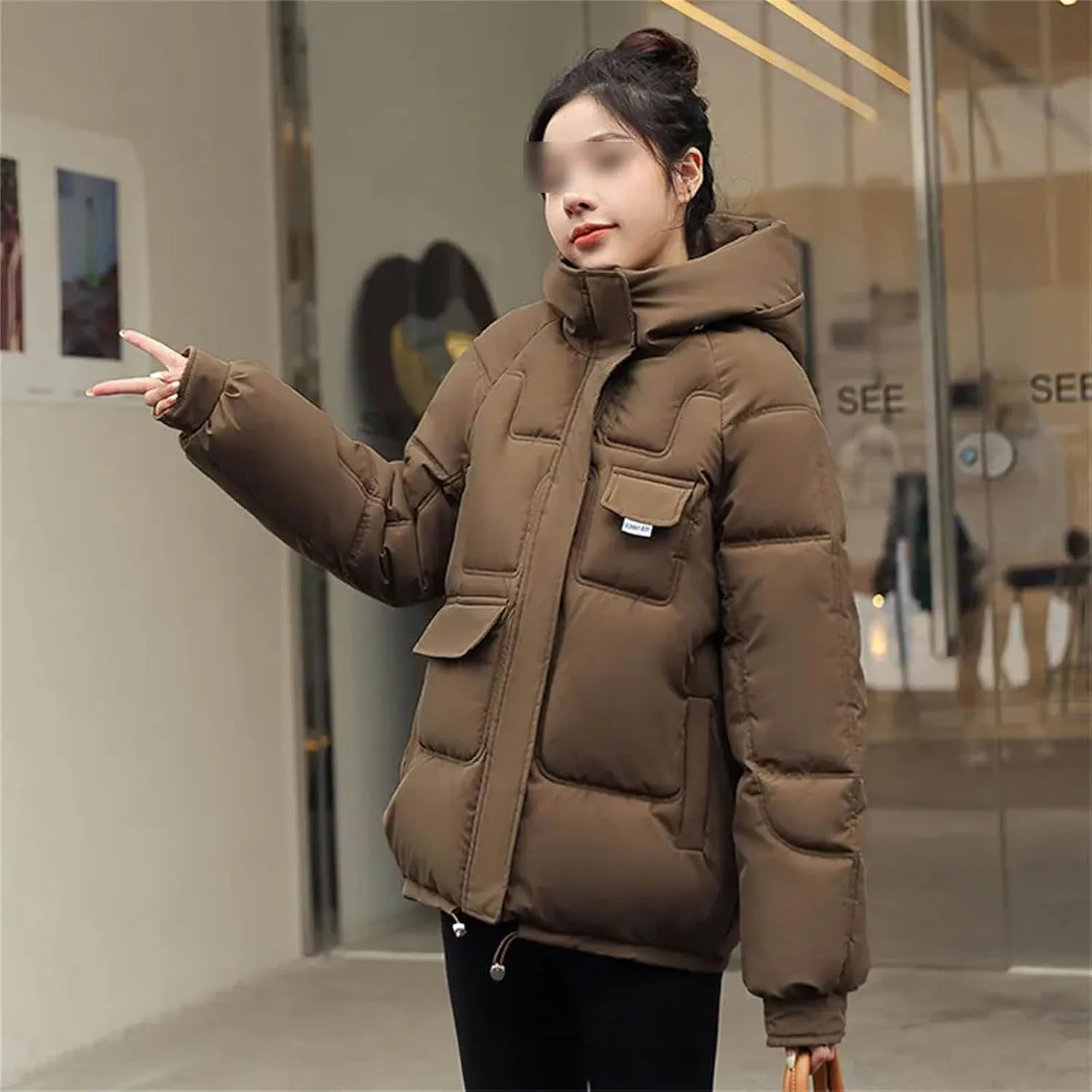 Winter Loose Hooded Coat Cotton Padded Jackets Thicken Warm Parka Women Casual Big Pocket Solid Color Outwear