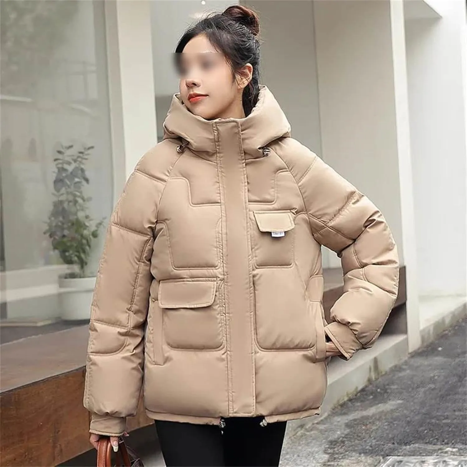 Winter Loose Hooded Coat Cotton Padded Jackets Thicken Warm Parka Women Casual Big Pocket Solid Color Outwear