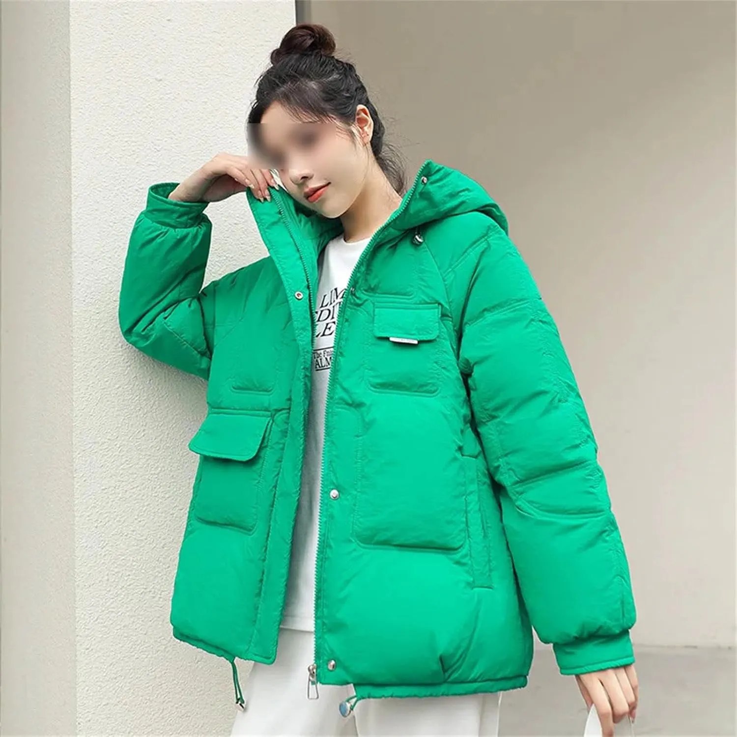Winter Loose Hooded Coat Cotton Padded Jackets Thicken Warm Parka Women Casual Big Pocket Solid Color Outwear