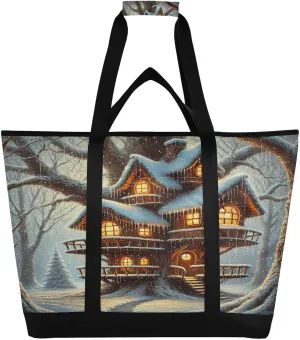 Winter Treehouse Snow Tote Bag for Women with Zipper Reusable Grocery Bags Foldable Insulated Cooler Bag Totes Shopping Bags Handbags for Groceries Travel Picnic Beach Work
