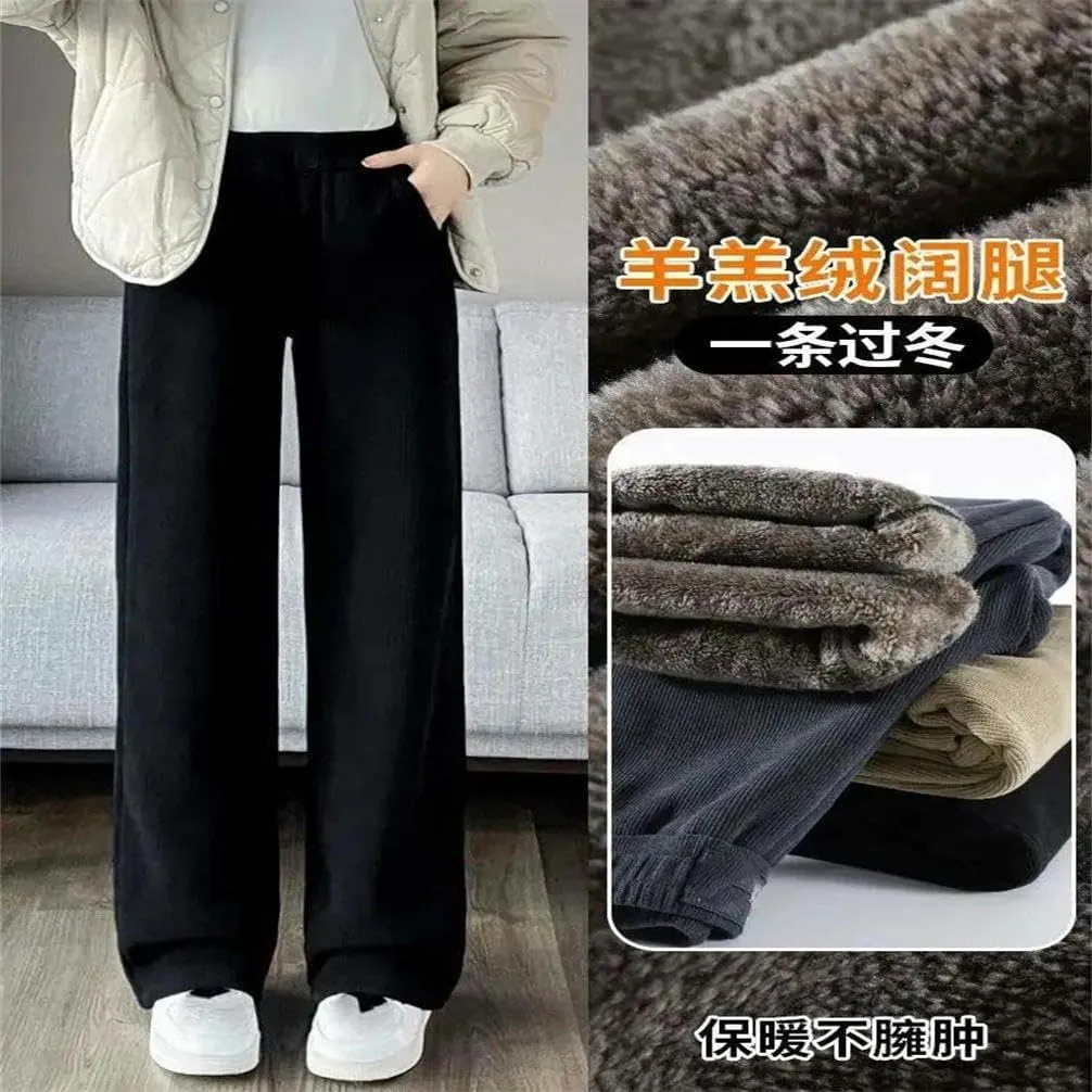 Winter Wide-Leg Pants Woman Autumn Plush Pants Wool Korean Pants Jogging Jogging Ladies Casual Solid Color Plus Velvet
