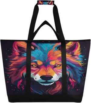 Wolf Colorful Tote Bag for Women with Zipper Reusable Grocery Bags Foldable Insulated Cooler Bag Handbags Totes Shopping Bags for Groceries Travel Beach Picnic Work