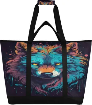 Wolf Colorful Tote Bag for Women with Zipper Reusable Grocery Bags Foldable Insulated Cooler Bag Handbags Totes Shopping Bags for Groceries Travel Beach Work Picnic