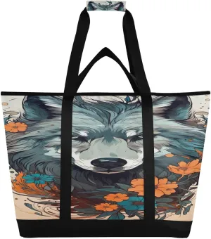 Wolf Flower Tote Bag for Women with Zipper Reusable Grocery Bags Foldable Insulated Cooler Bag Handbags Shopping Bags Totes for Groceries Beach Picnic Travel Work