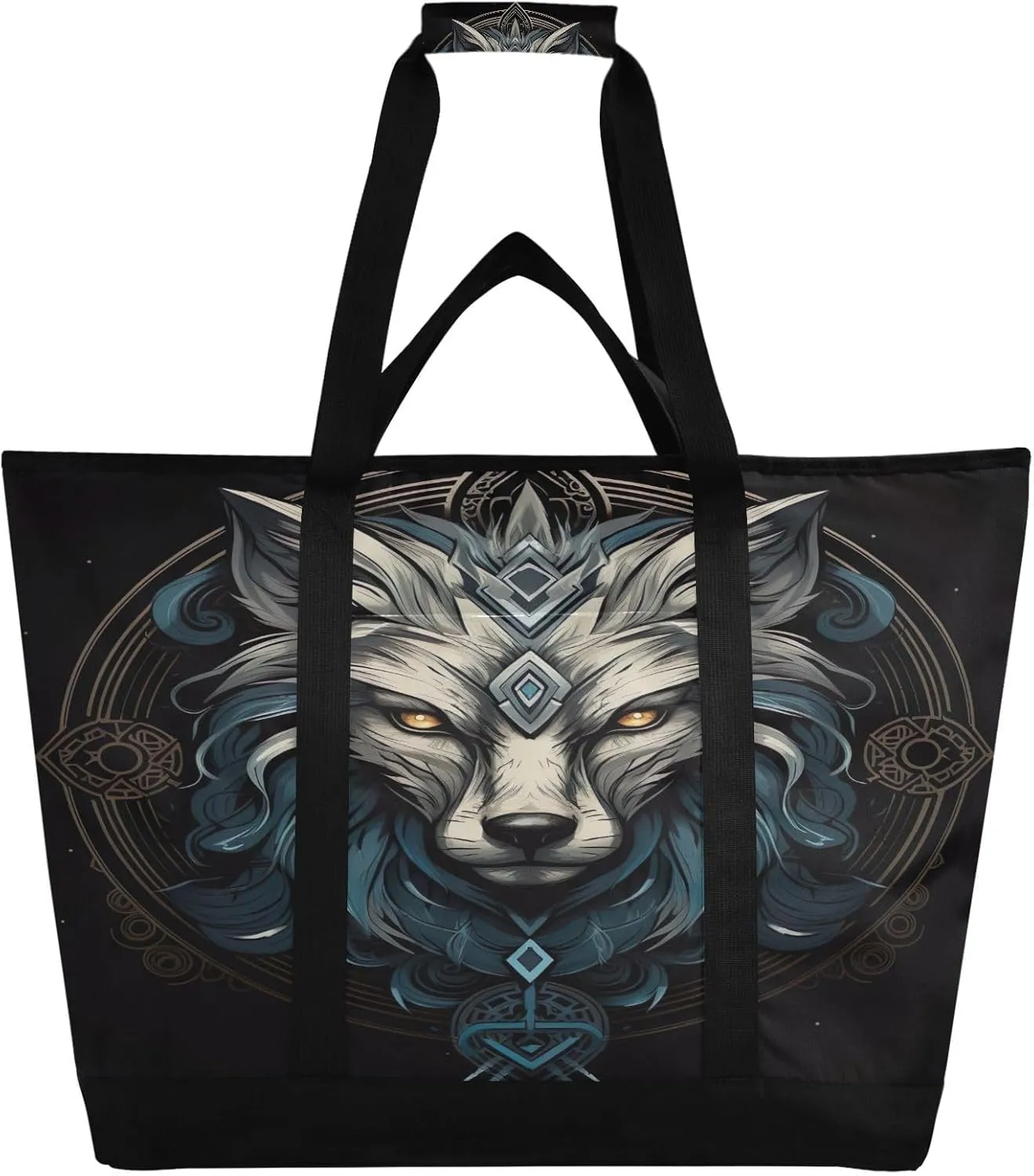 Wolf Grey Tote Bag for Women with Zipper Reusable Grocery Bags Foldable Insulated Cooler Bag Totes Shopping Bags Handbags for Groceries Work Picnic Travel Beach