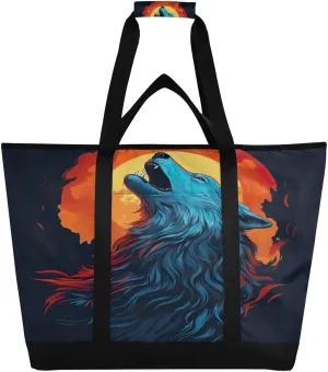 Wolf Moon Tote Bag for Women with Zipper Reusable Grocery Bags Foldable Insulated Cooler Bag Shopping Bags Totes Handbags for Groceries Beach Travel Work Picnic