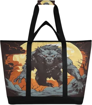 Wolf Moon Tote Bag for Women with Zipper Reusable Grocery Bags Foldable Insulated Cooler Bag Totes Handbags Shopping Bags for Groceries Beach Travel Work Picnic