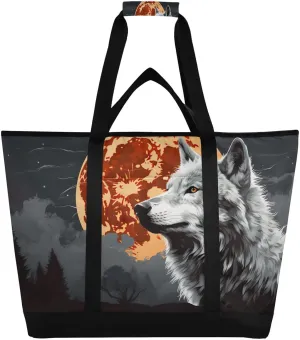 Wolf Moon Tote Bag for Women with Zipper Reusable Grocery Bags Foldable Insulated Cooler Bag Totes Shopping Bags Handbags for Groceries Travel Beach Work Picnic