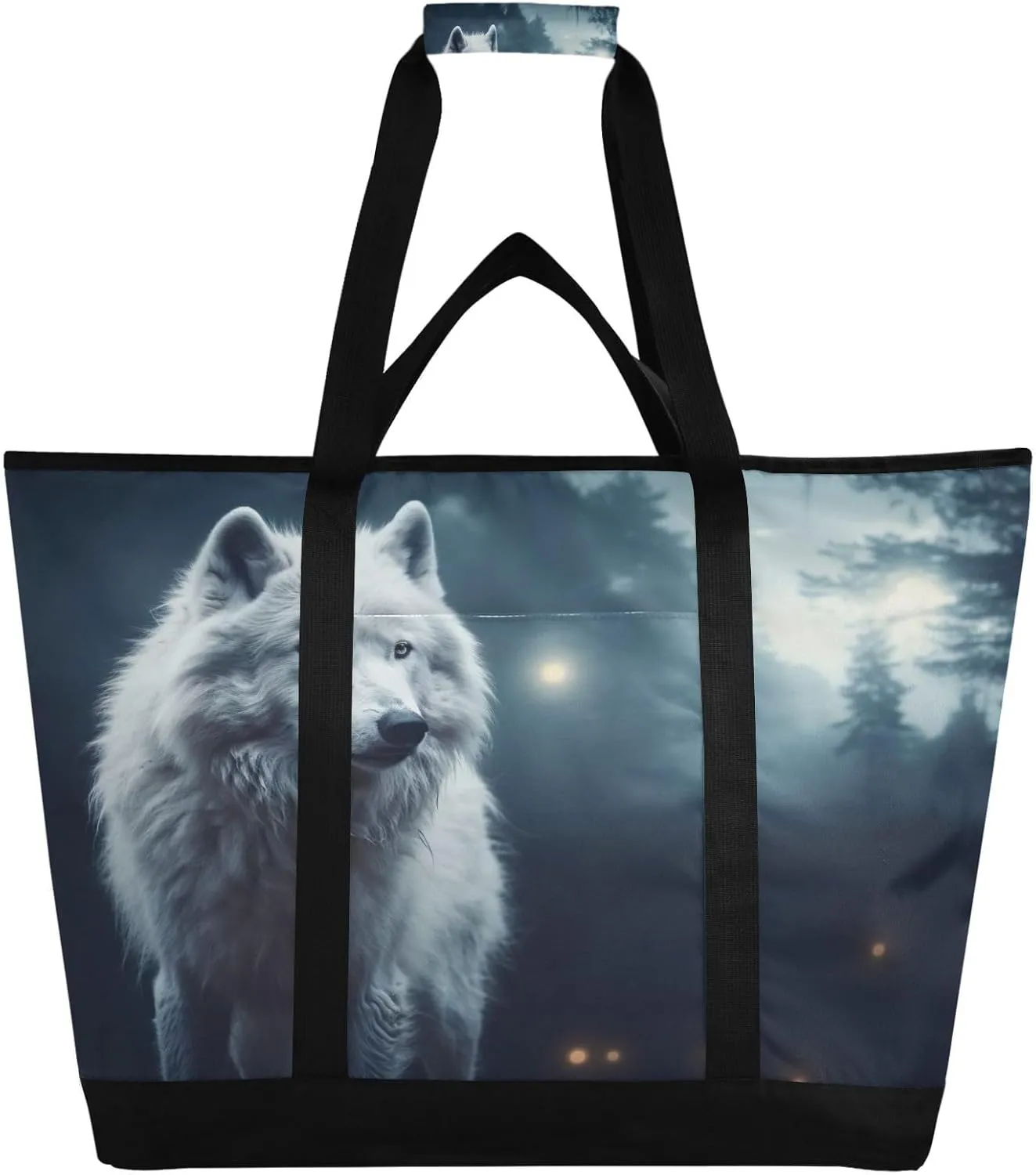 Wolf Night Tote Bag for Women with Zipper Reusable Grocery Bags Foldable Insulated Cooler Bag Totes Handbags Shopping Bags for Groceries Picnic Beach Travel Work