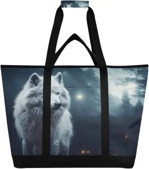 Wolf Night Tote Bag for Women with Zipper Reusable Grocery Bags Foldable Insulated Cooler Bag Totes Handbags Shopping Bags for Groceries Picnic Beach Travel Work