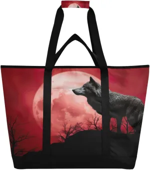 Wolf Red Moon Tote Bag for Women with Zipper Reusable Grocery Bags Foldable Insulated Cooler Bag Shopping Bags Totes Handbags for Groceries Travel Beach Picnic Work