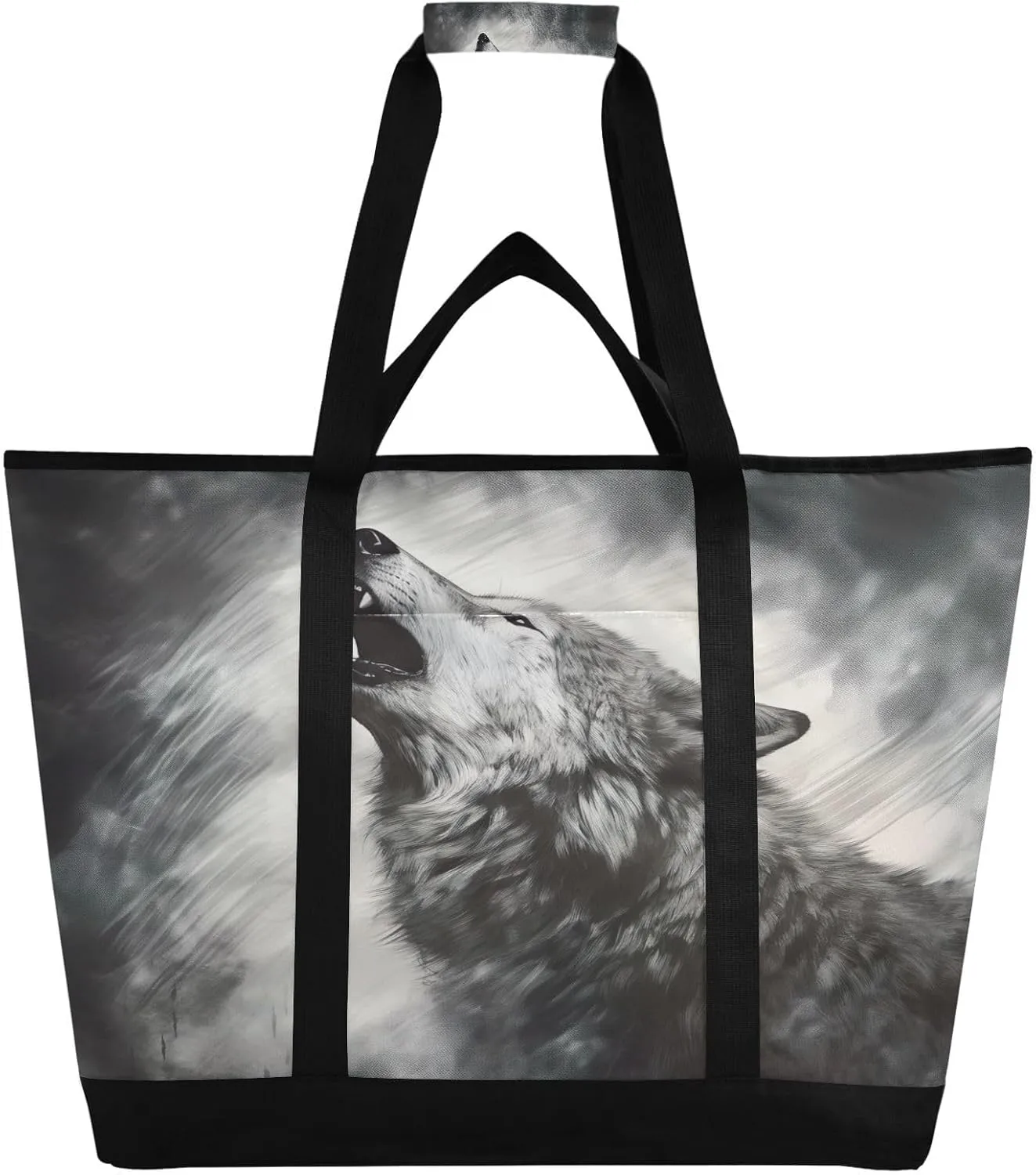 Wolf Tote Bag for Women with Zipper Reusable Grocery Bags Foldable Insulated Cooler Bag Handbags Shopping Bags Totes for Groceries Picnic Travel Work Beach