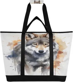 Wolf Watercolor Tote Bag for Women with Zipper Reusable Grocery Bags Foldable Insulated Cooler Bag Handbags Totes Shopping Bags for Groceries Work Picnic Travel Beach