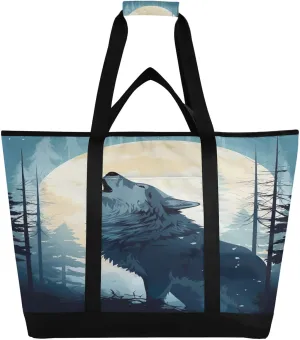 Wolf White Moon Tote Bag for Women with Zipper Reusable Grocery Bags Foldable Insulated Cooler Bag Totes Handbags Shopping Bags for Groceries Picnic Travel Work Beach