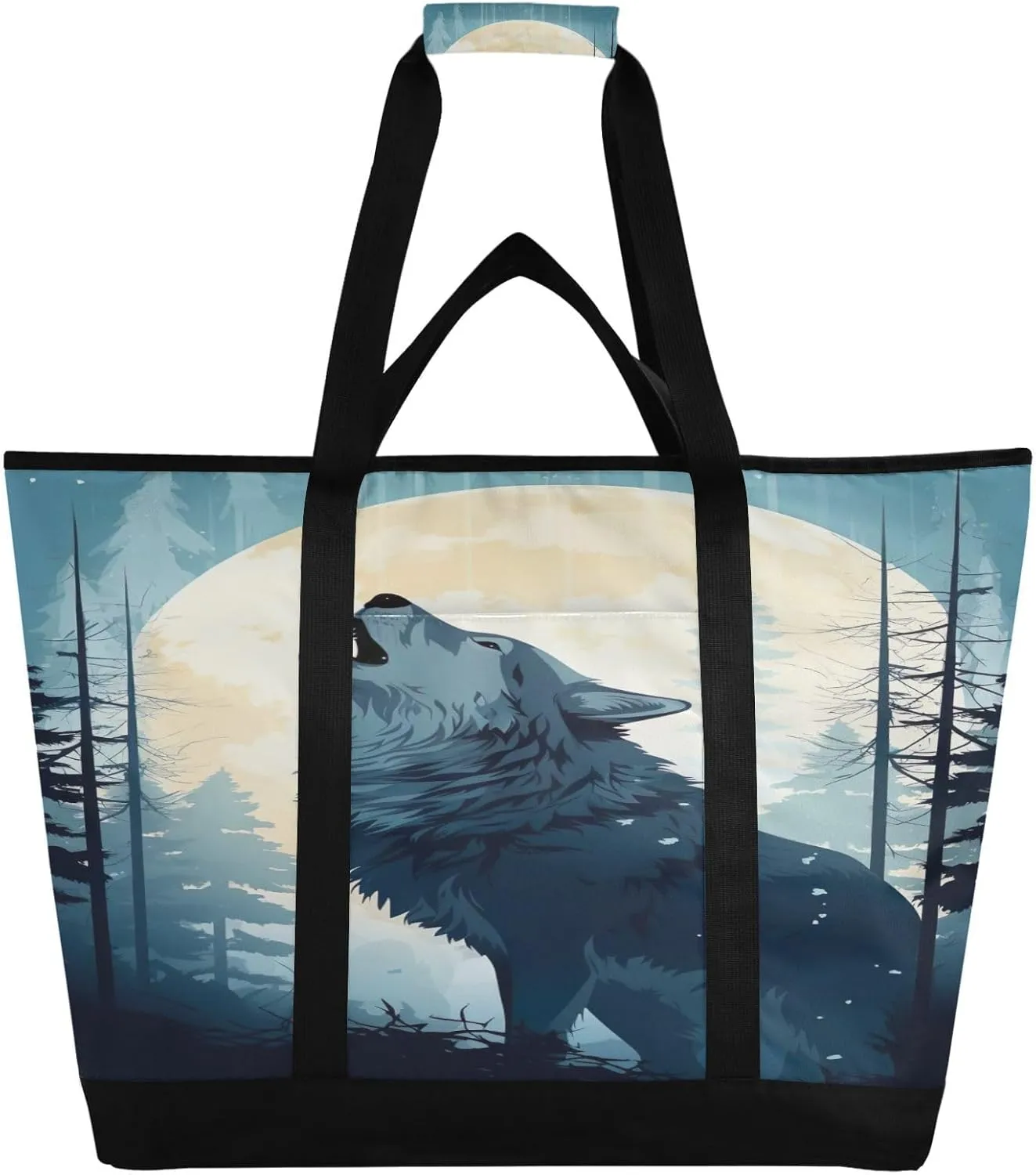 Wolf White Moon Tote Bag for Women with Zipper Reusable Grocery Bags Foldable Insulated Cooler Bag Totes Handbags Shopping Bags for Groceries Picnic Travel Work Beach