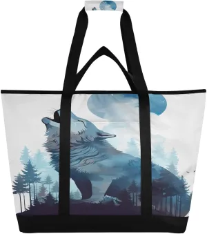 Wolf White Tote Bag for Women with Zipper Reusable Grocery Bags Foldable Insulated Cooler Bag Handbags Totes Shopping Bags for Groceries Beach Travel Work Picnic
