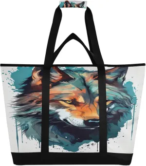 Wolf White Tote Bag for Women with Zipper Reusable Grocery Bags Foldable Insulated Cooler Bag Totes Handbags Shopping Bags for Groceries Picnic Beach Travel Work