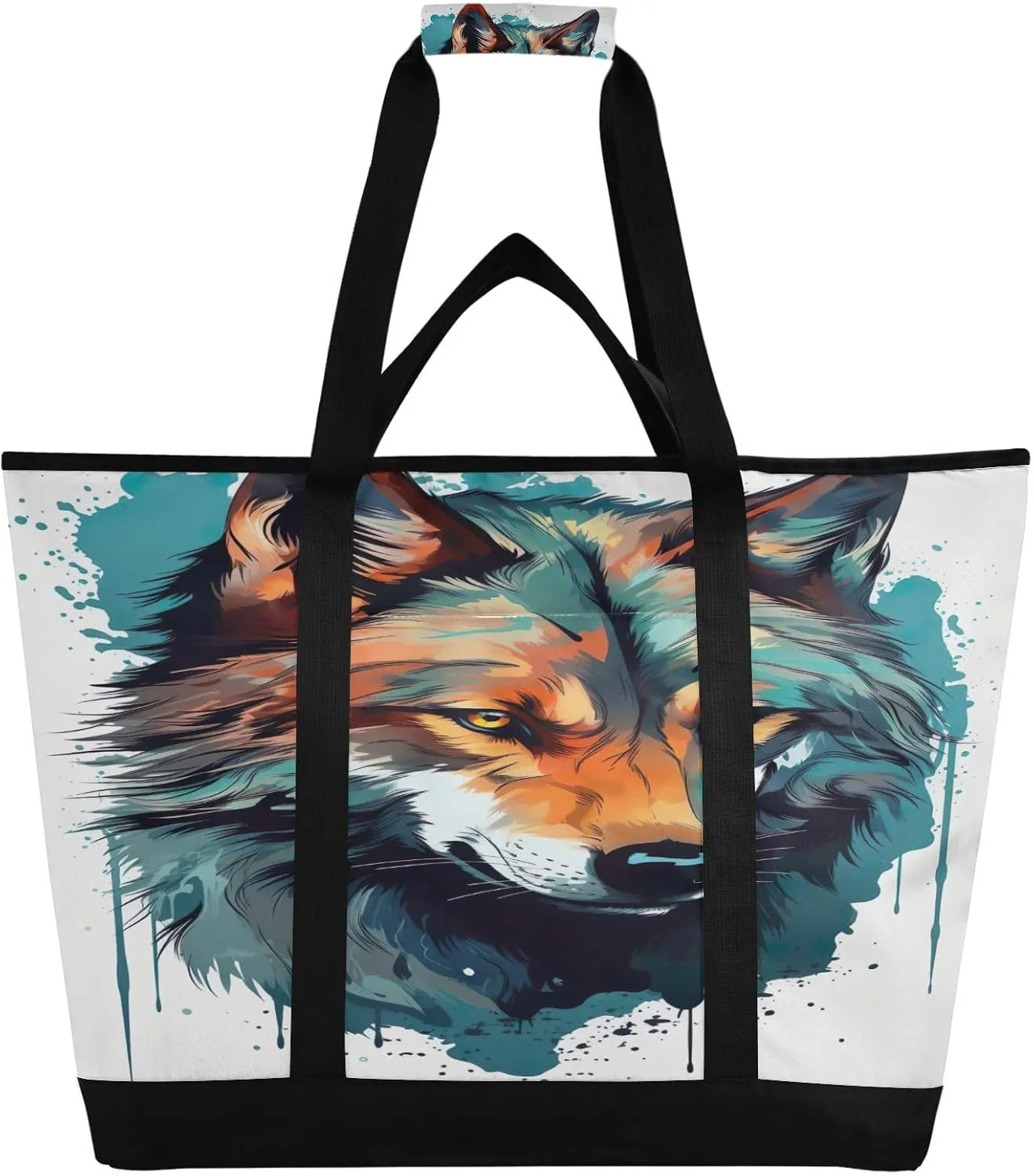 Wolf White Tote Bag for Women with Zipper Reusable Grocery Bags Foldable Insulated Cooler Bag Totes Handbags Shopping Bags for Groceries Picnic Beach Travel Work