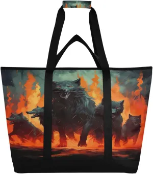 Wolfs Fire Tote Bag for Women with Zipper Reusable Grocery Bags Foldable Insulated Cooler Bag Shopping Bags Totes Handbags for Groceries Picnic Travel Work Beach