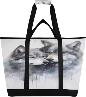 Wolfs White Tote Bag for Women with Zipper Reusable Grocery Bags Foldable Insulated Cooler Bag Totes Shopping Bags Handbags for Groceries Picnic Travel Beach Work