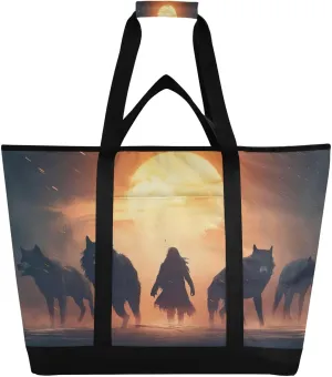 Wolves Moon Tote Bag for Women with Zipper Reusable Grocery Bags Foldable Insulated Cooler Bag Totes Handbags Shopping Bags for Groceries Picnic Travel Beach Work