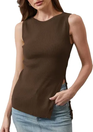 Women Asymmetrical Button Sweater Vest Sleeveless Side Split Rib Knit Slim Fit Sweater Tank Top Summer Pullover Top