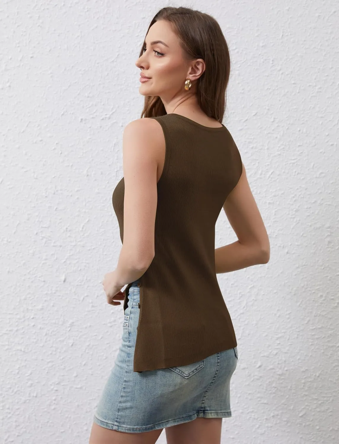 Women Asymmetrical Button Sweater Vest Sleeveless Side Split Rib Knit Slim Fit Sweater Tank Top Summer Pullover Top