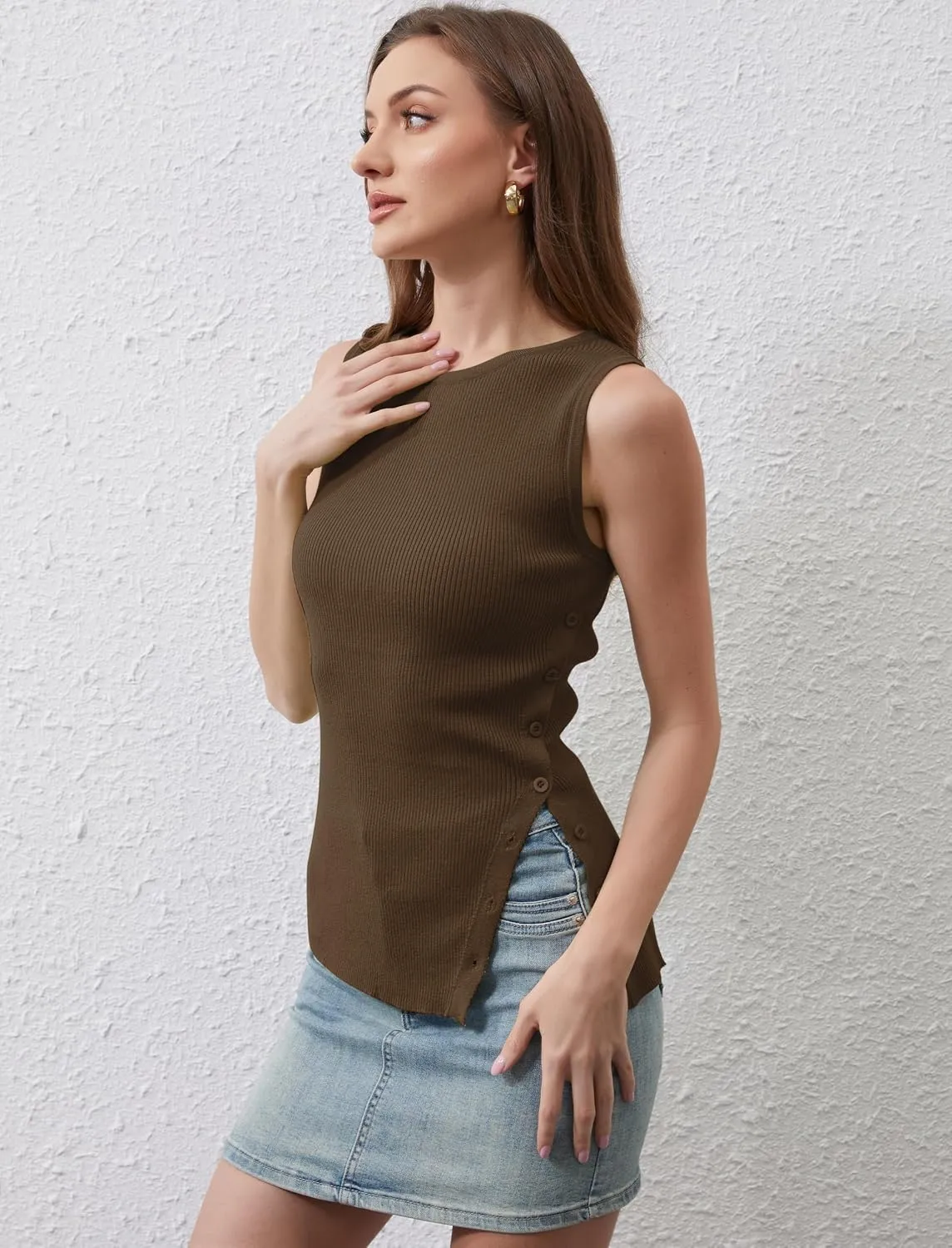 Women Asymmetrical Button Sweater Vest Sleeveless Side Split Rib Knit Slim Fit Sweater Tank Top Summer Pullover Top