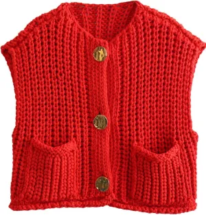 Women Button Down Chunky Knit Sweater Vest Sleeveless Open Front Button Cable Knit Cardigan Vest with Pockets