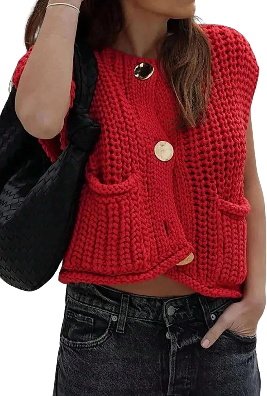Women Button Down Chunky Knit Sweater Vest Sleeveless Open Front Button Cable Knit Cardigan Vest with Pockets