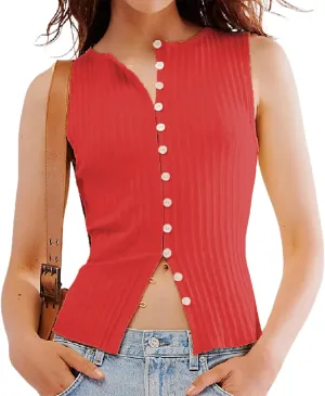 Women Button Down Knit Sweater Vest Crew Neck Sleeveless Solid Slim Fit Causal Going Out Tank Top Knitwear Fall